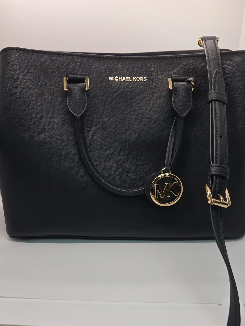 Michael Kors Savannah Large Black Saffiano Satchel with Gold Hardware